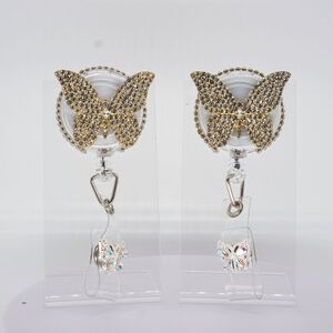 2 Id Retractable Badge Reels Card Holder Lanyard Rhinestone Crystal Butterfly